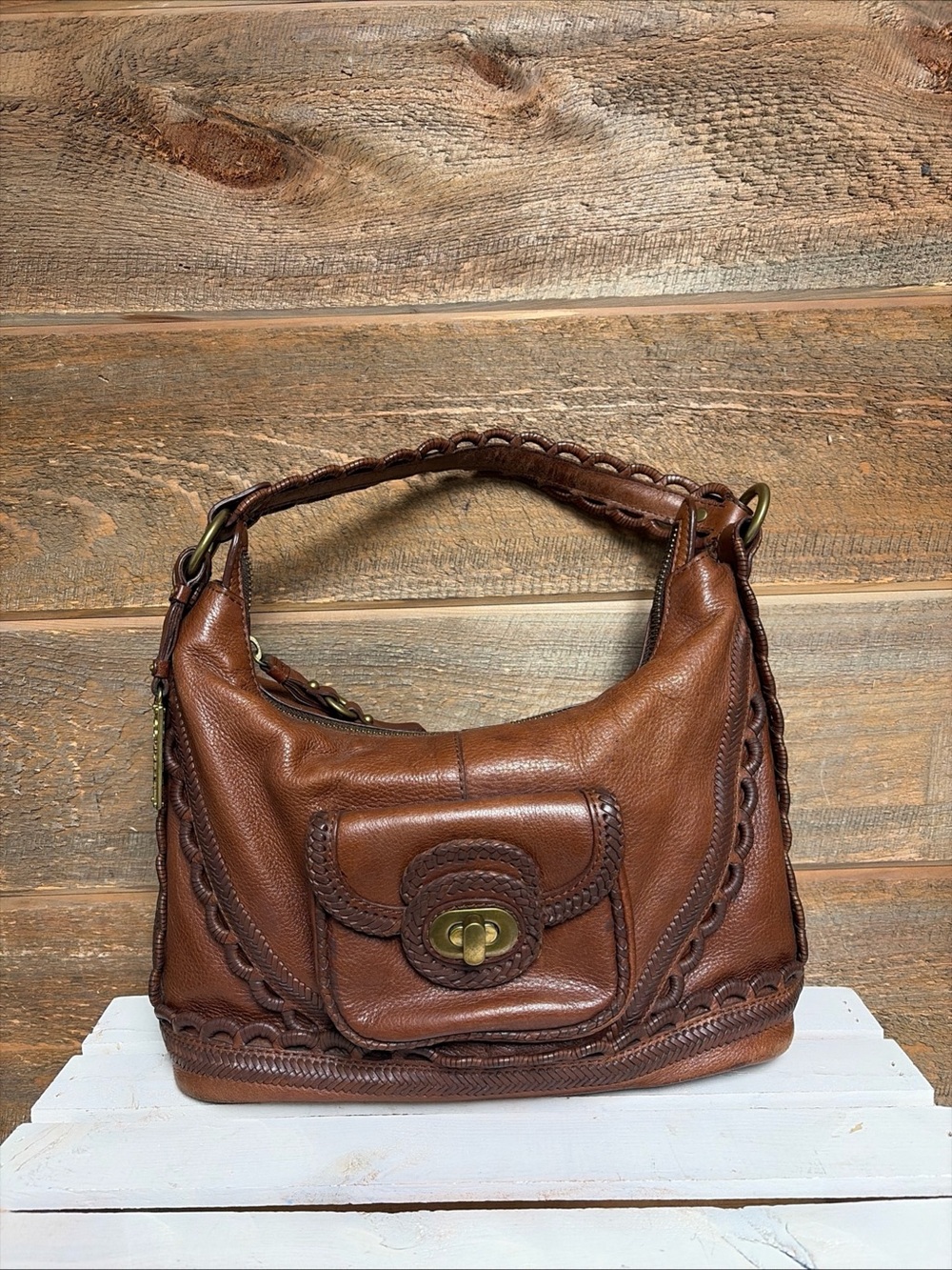 Lockheart Brown Leather Woven Braidy Bunch Handbag BoHo Rare Y2K Vintage